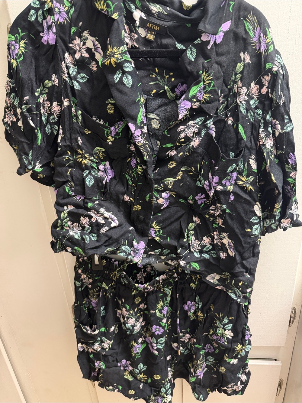 AFRM Black Floral Button-Up Short Set with Purple and Green Accents